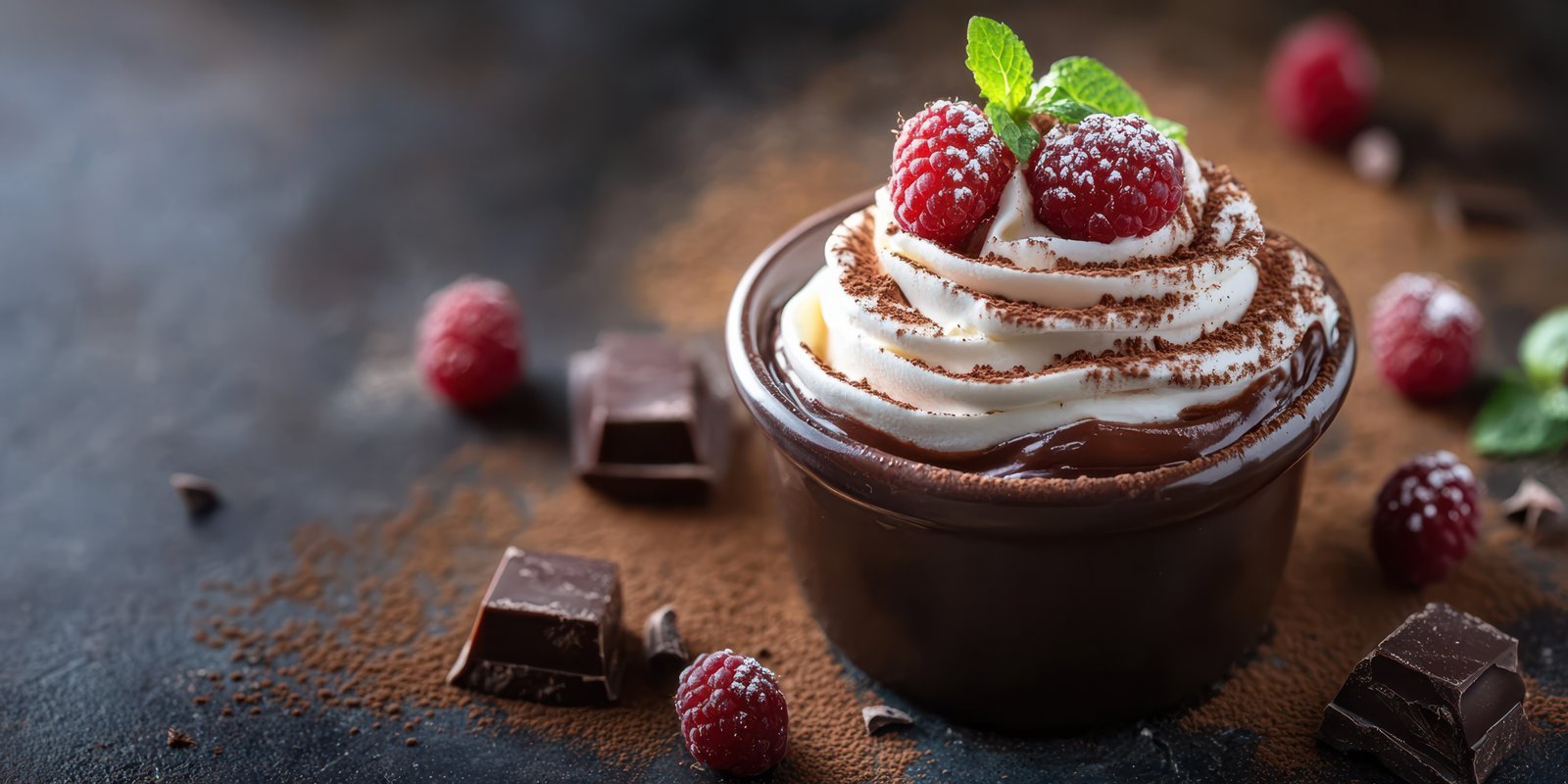 Delicious chocolate mousse topped with raspberries and cream, perfect for dessert lovers at any time of day